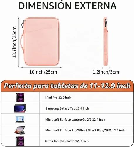 Vista 2 de Funda protectora para iPad Pro y más (12,9 pulgadas), color rosa Funda de transporte para tablet Surface Pro, Galaxy Tab S8 Plus PU-Rosa