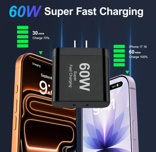 Vista 2 de Cargador para iPhone 17, 45 W de carga rápida USB C de doble puerto con cable de carga tipo C de 3/6/10/10 pies, adaptador rápido PD 3.0 para iPhone