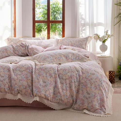 Vista 21 de Juego de funda de edredón blanca con estampado floral azul, juego de ropa de cama de algodón suave estilo bohemio, juego de ropa de cama estética