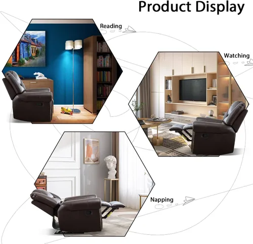 Vista 8 de INZOY Silla reclinable de cuero, sofá reclinable manual resistente, sofá individual para sala de estar, asientos de cine en casa, color marrón