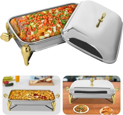 Vista 9 de Calentador de alimentos de acero inoxidable, juego de platos de bufé rectangular, estufa de buffet, juego de calentador de bufé para uso doméstico