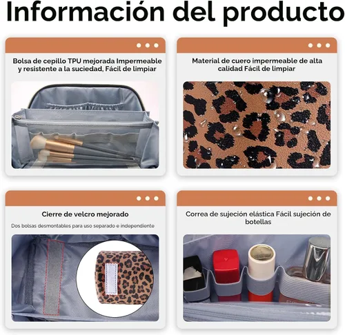 Vista 7 de BOYATU Bolsa de maquillaje de viaje para mujer: 3 en 1 modular con estampado de leopardo para viajes de 3 a 15 días - Neceser impermeable de cuero