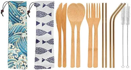 Vista 8 de UPTRUST Juego de 2 cubiertos de bambú de bambú reutilizable de bambú orgánico, tenedor, cuchillo, cuchara, palillos, cepillo de limpieza