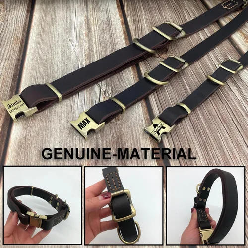 Vista 9 de Collar de cuero personalizado para mascotas, collar de perro personalizado con placa de identificación grabable, collar transpirable con hebilla
