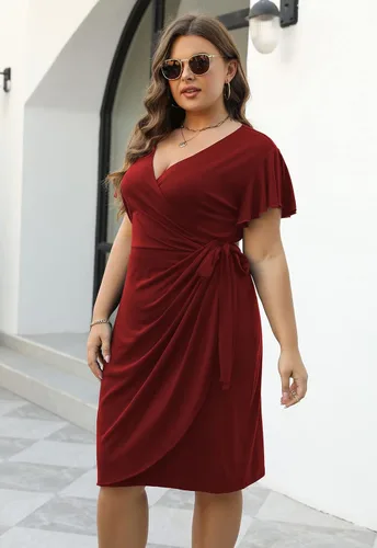 Vista 4 de Nemidor NEM389 - Vestido cruzado de imitación fruncido para mujer, talla grande, manga con volantes, vestido de trabajo casual para fiesta
