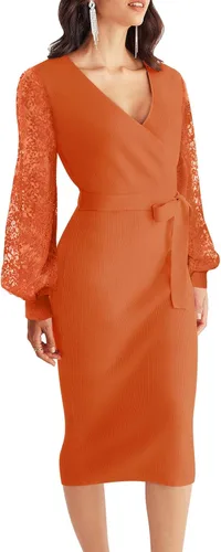 Vista 2 de MEROKEETY Vestido de suéter de manga larga con cuello en V para mujer, sexy, de punto envolvente, ajustado, con cinturón
