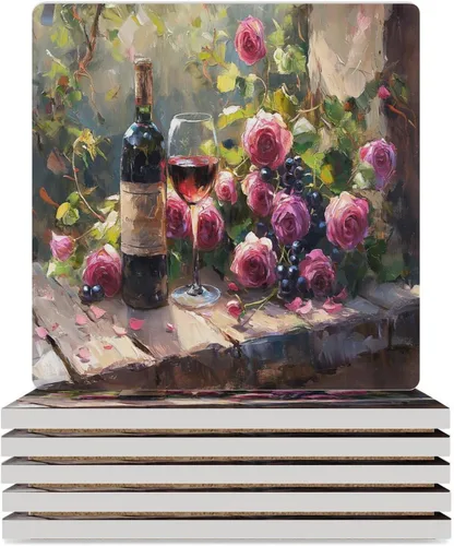 Vista 15 de 4 posavasos de vino tinto, cuadrados y modernos posavasos absorbentes de cerámica, estilo de pintura al óleo, vintage, vino tinto, uvas, rosa