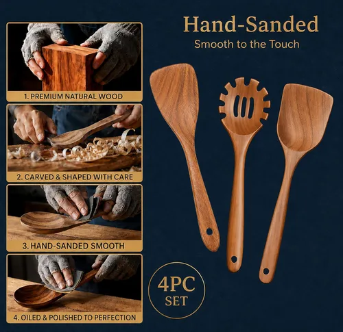 Vista 6 de Juego de utensilios de madera de teca extra grandes de 4 piezas, espátula de madera antiadherente para cocinar, cuchara espumadera y cuchara