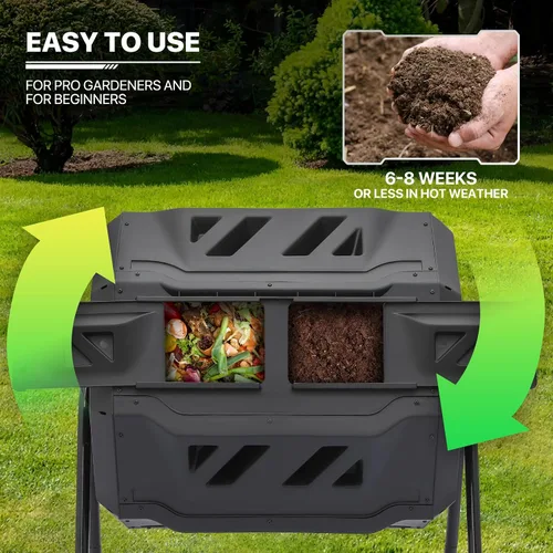 Vista 7 de MoNiBloom Compostador Giratorio de 43 Galones, Exterior Sin BPA Gran Cámara Doble Contenedor de Compost Giratorio Todas las Estaciones Trabajo