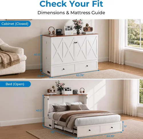Vista 2 de Mjkone Murphy - Cama de armario con colchón plegable de tres pliegues, tamaño matrimonial, color blanco