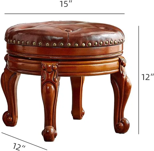 Vista 3 de Taburete de pie de madera maciza, reposapiés otomano redondo de mediados de siglo con cojín de cuero de microfibra para sala de estar, dormitorio