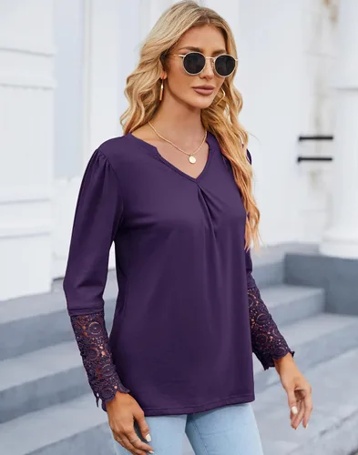 Vista 3 de BLITYA Blusas casuales con cuello en V para mujer, camisas de manga de encaje