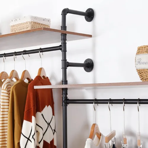 Vista 4 de Perchero Industrial de Tubería con 2 Estantes, Perchero de Ropa de Servicio Pesado Montado en Pared Soportes de Exhibición de Tienda de Ropa