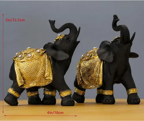 Vista 4 de Juego de decoración de elefante de la suerte con troncos – Feng Shui resina negro y dorado pareja elefante figuritas – Par de estatuas de elefantes