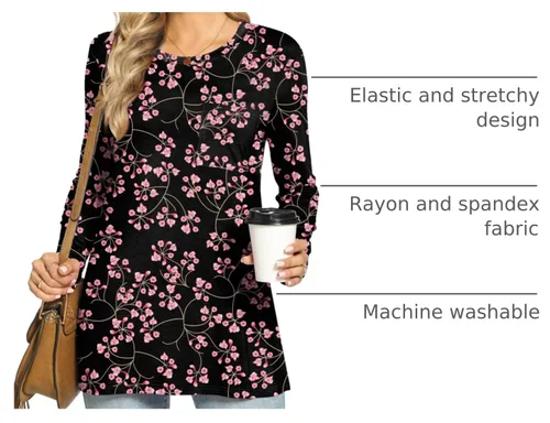 Vista 4 de HOTGIFT Blusa de manga larga con cuello redondo para mujer, para otoño, invierno, holgada, cómoda, suave, con bolsillo