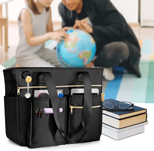 Vista 9 de Fasrom Bolsa de mano para profesores para mujer, bolsas grandes para Negro
