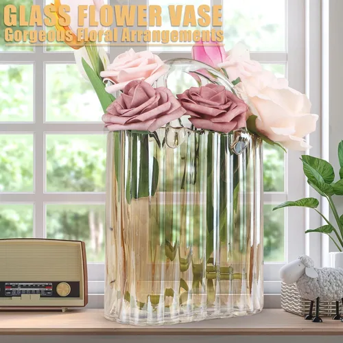 Vista 5 de Jarrón moderno para flores, floreros de vidrio ámbar transparente con rayas verticales para decoración del hogar. Elegante jarrón de flores
