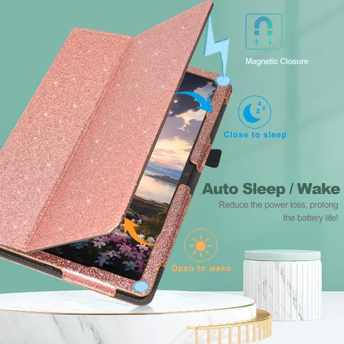 Vista 9 de Funda para tablet T-Mobile Revvl Tab 5G - Funda de piel sintética con soporte para lápices, purpurina oro rosa