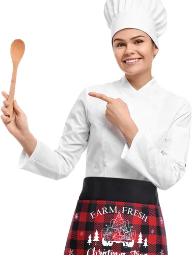 Vista 2 de Bencailor 4 Pcs Christmas Server Waitress Aprons with 4 Pockets Buffalo Plaid Half Waist Apron for Xmas Restaurant Party