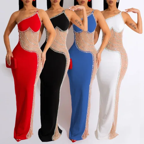 Vista 3 de Vestido largo de cóctel de noche sin mangas con hombros descubiertos para mujer