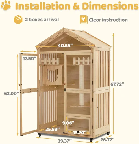 Vista 3 de MCombo Casa de madera para gatos de interior, condominio para gatos con entrada, jaula de gatito Catio con puertas y ruedas bloqueables, CT291