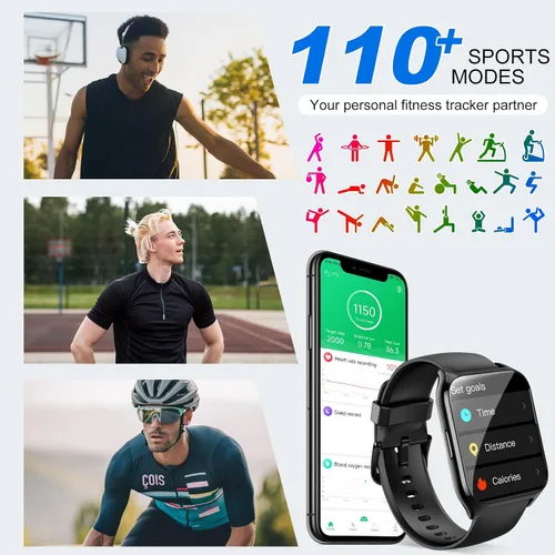 Vista 4 de Reloj inteligente para hombres y mujeres (respuesta/hacer llamadas), reloj de fitness HD de 1.85 pulgadas con monitor de frecuencia cardíaca y Negro