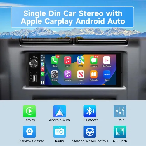 Vista 2 de Estéreo de automóvil de 6.36 pulgadas con CarPlay y Android Auto HD IPS pantalla táctil Radio con Bluetooth 5.0, cámara de respaldo 720P con cable