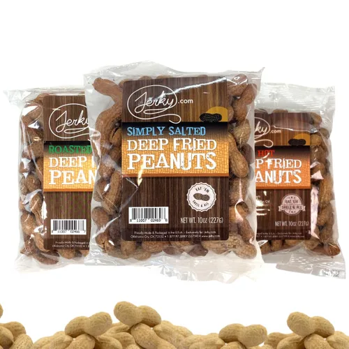 Vista 6 de Jerky.com Paquete de 3 muestras de cacahuetes fritos en cáscara, sabores gourmet que incluyen salado, ajo asado, picante picante, cacahuetes