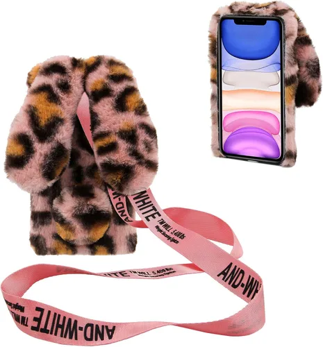 Vista 11 de 3D Bunny Ears Plush Case for iPod Touch 5/6 / 7 with Crossbody Strap, Winter Warm Handmade Bling Diamond Soft Rabbit Fluffy Furry Fur Shockproof