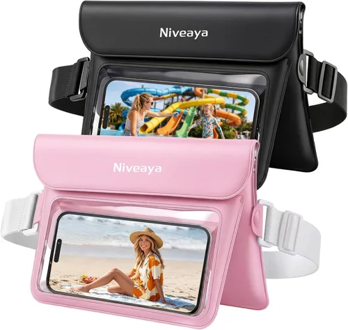 Vista 11 de Niveaya Paquete de 2 riñoneras impermeables para mujeres y hombres, IPX8, bolsa impermeable para cinturón seco para playa, kayak, natación, pantalla