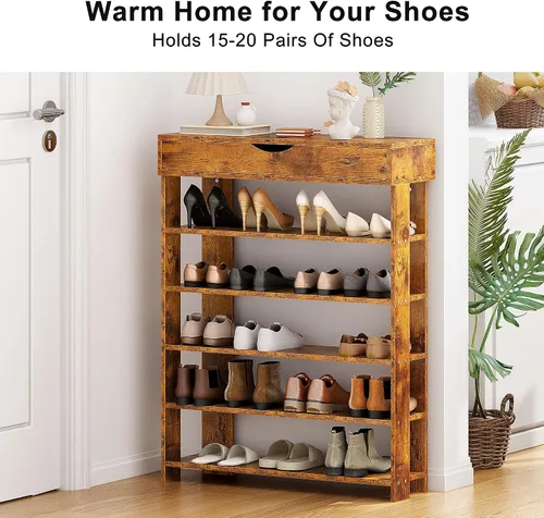 Vista 8 de SogesPower Zapatero de pie de 5 niveles de madera, organizador de zapatos de 29.5 pulgadas con estante de almacenamiento de zapatos con tapa