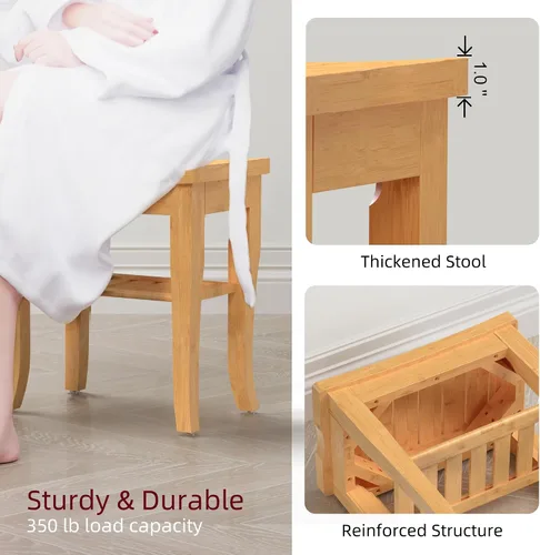 Vista 10 de Banco de ducha de bambú, taburete de ducha pequeño de spa para ducha interior, impermeable, asiento de baño con estante de almacenamiento