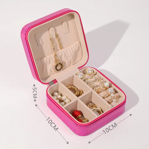Vista 6 de Organizador de joyas colgante con cremallera, organizador de joyas de viaje, caja pequeña de joyería de piel sintética, joyero para mujeres y niñas
