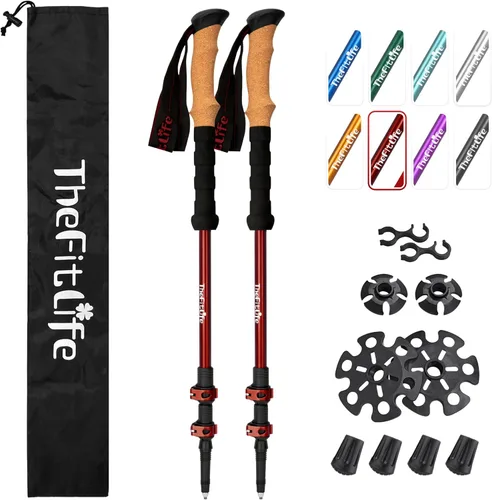 Vista 9 de TheFitLife Bastones de senderismo para senderismo y caminar, aluminio ligero 7075 con bloqueo de metal y agarre de corcho natural, bastones