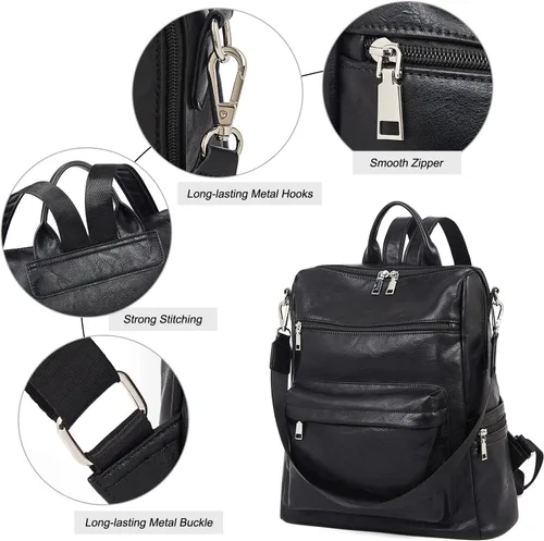 Vista 6 de FOXLOVER Mochila de moda para mujer, bolso de hombro grande convertible de cuero para mujer, Negro E, Classic