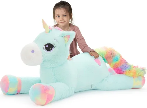 Vista 12 de Tezituor Juguetes de unicornio de peluche de 32 pulgadas, animales de unicornio gigante beige de peluche, encantadoras decoraciones de peluche