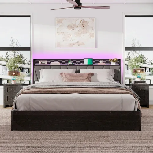 Vista 6 de LUXOAK Marco de cama de almacenamiento elevable tamaño King con luces LED, cabecera tapizada de lino con estación de carga, marco de cama de Negro