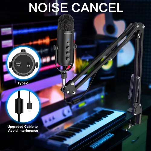 Vista 4 de ZealSound Micrófono de podcast con brazo de brazo, micrófono USB con reducción de ruido, silencio, eco y control de volumen, monitoreo de latencia