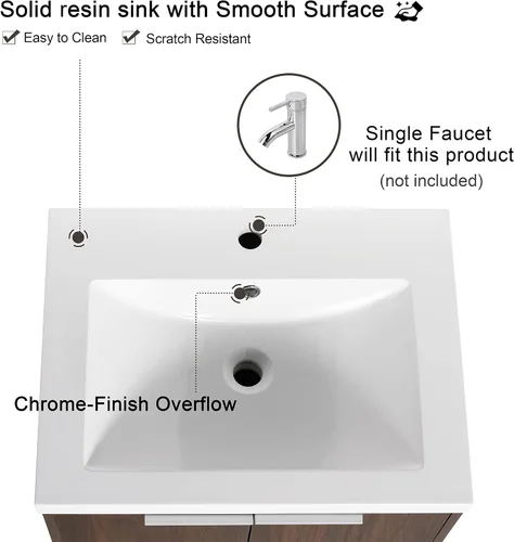 Vista 3 de Malwee Vanidad flotante de baño de 24 pulgadas con fregadero, lavabo individual de 24 pulgadas montado en la pared, con 2 puertas y lavabo de resina