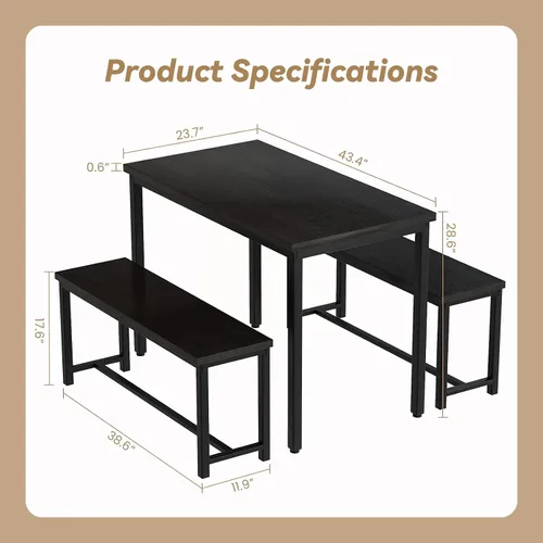 Vista 4 de Recaceik - Juego de mesa de comedor para 4, juego de mesa de cocina con 2 bancos de cena, mesa de desayuno de granja para apartamento de espacio