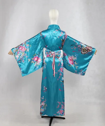 Vista 4 de Disfraz de kimono japonés para mujer, bata tradicional de geisha, bata de baño con estampado de anime, pijama de estilo largo (azul)