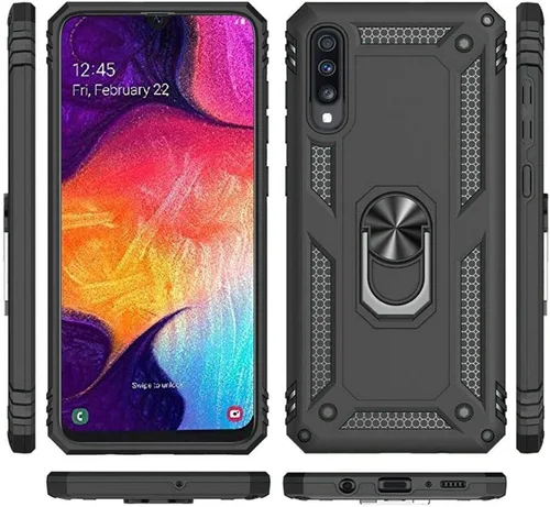Vista 3 de TJS Funda compatible con Samsung Galaxy A50 2019, con protector de pantalla de vidrio templado, anillo de metal, soporte magnético, resistente Negro