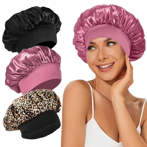 Vista 20 de 4 piezas de gorro de satén de seda, gorro de cabello para dormir, gorro de seda elástica de banda ancha para dormir, suave y transpirable Gorra