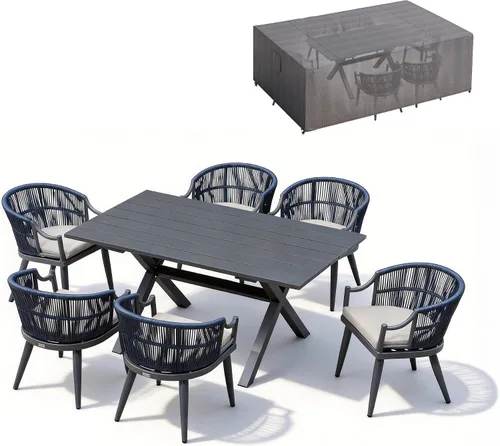 Vista 25 de PURPLE LEAF Juego de comedor de patio para 6 respaldos ergonómicos y cojín Champán