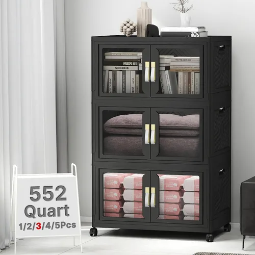 Vista 8 de Contenedor de almacenamiento apilable de 48 cuartos de galón con tapa, ruedas y puerta, organizador plegable de 12 galones para dormitorio, estudio