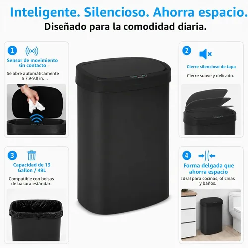 Vista 2 de Bote de basura sin contacto de 13 galones, negro, plástico PP Azul