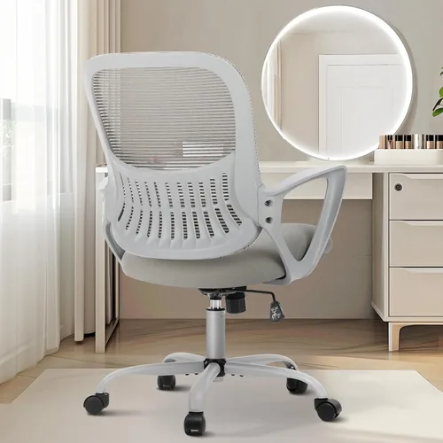 Vista 10 de Sweetcrispy Silla de escritorio para computadora de oficina, ergonómica, de malla con respaldo medio, giratoria, con ruedas, cómodo soporte lumbar
