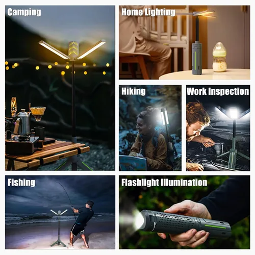 Vista 7 de Luces de campamento recargables con soporte, luces de trabajo telescópicas inalámbricas con 3 cabezales de lámpara LED, linterna de trípode