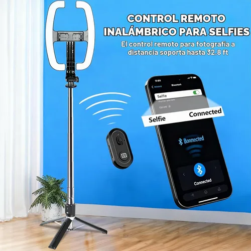 Vista 7 de Luz plegable para selfie con soporte, soporte extensible de 54 pulgadas para teléfono con luces LED regulables y control remoto, trípode de luz