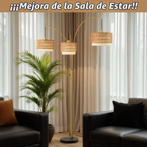 Vista 9 de Lámpara de pie de ratán dorado para sala de estar, lámpara de pie bohemia de 80 pulgadas de alto con interruptor giratorio, lámpara de arco de 3